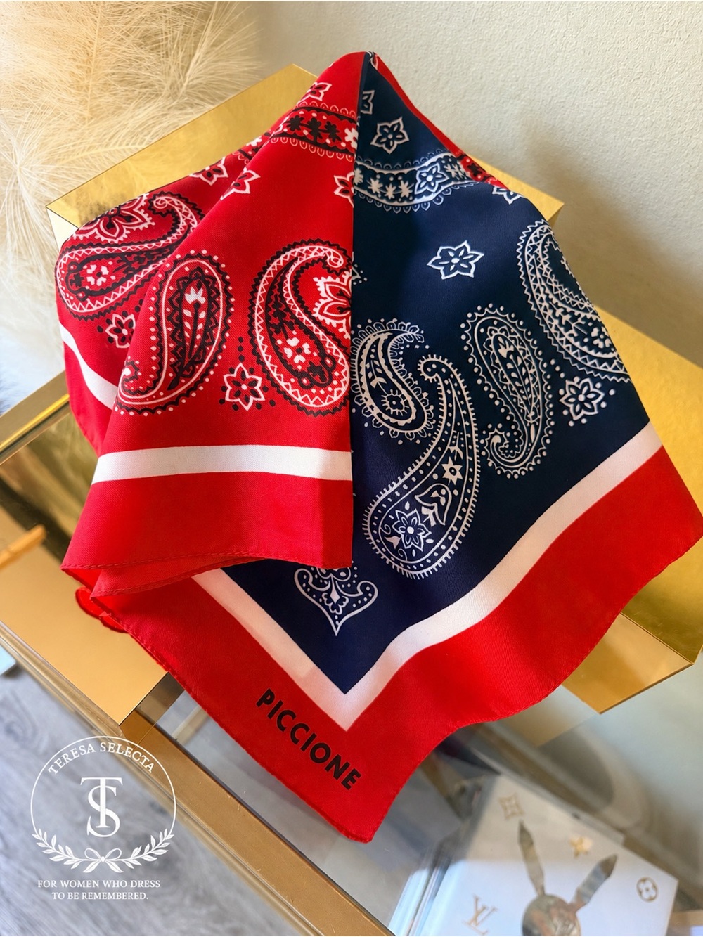 Piccione Red Navy Paisley Bandana Print Square Scarf 26” Vintage Style